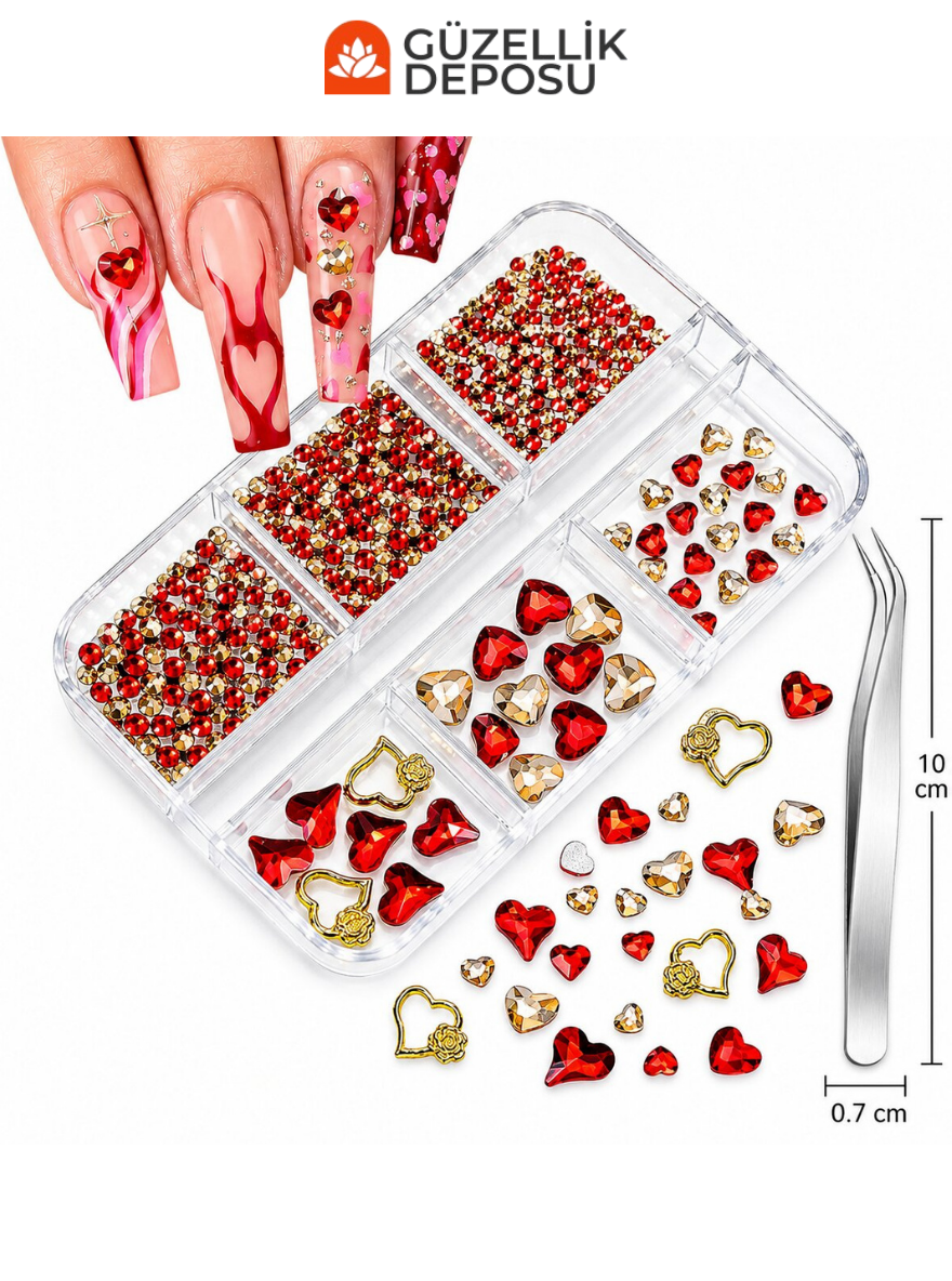 Kırmızı & Gold Kalp Figürlü Tırnak Charm Seti (Nail Art Süsleme Taşları & Cımbız Dahil) MİS3731