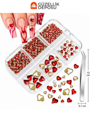 Kırmızı & Gold Kalp Figürlü Tırnak Charm Seti (Nail Art Süsleme Taşları & Cımbız Dahil) MİS3731