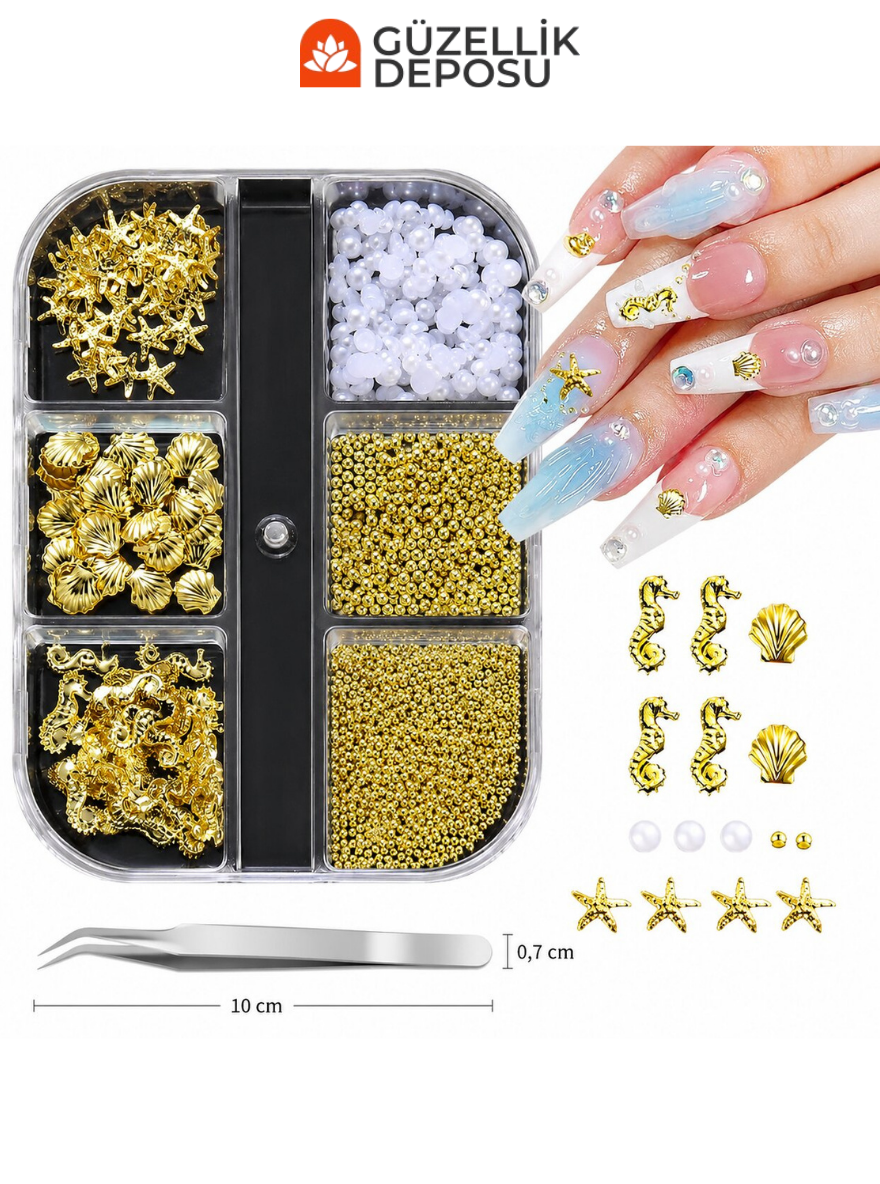 Deniz Yıldızı, Deniz Atı, Deniz Kabuğu & İnci Detaylı Nail Art Charm Seti - MİS3735