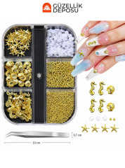 Deniz Yıldızı, Deniz Atı, Deniz Kabuğu & İnci Detaylı Nail Art Charm Seti - MİS3735