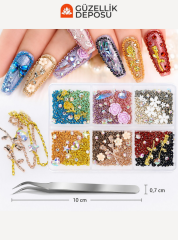 enkli Metal Zincir & Gül Figürlü Protez Tırnak Charm Seti (Cımbız Dahil) - MİS3736