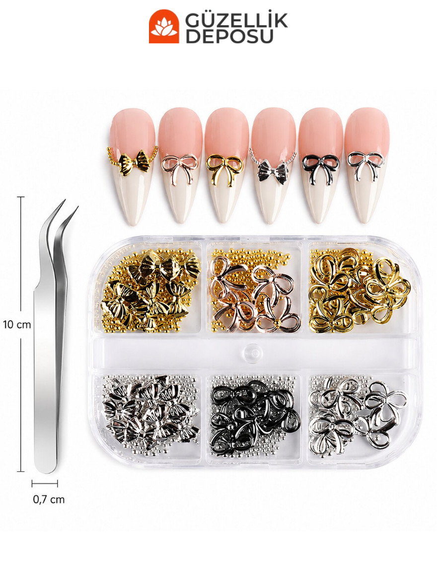 Gold, Silver & Siyah Metal Fiyonk Figürlü Protez Tırnak Charm Seti (Cımbız Dahil) - MİS3739