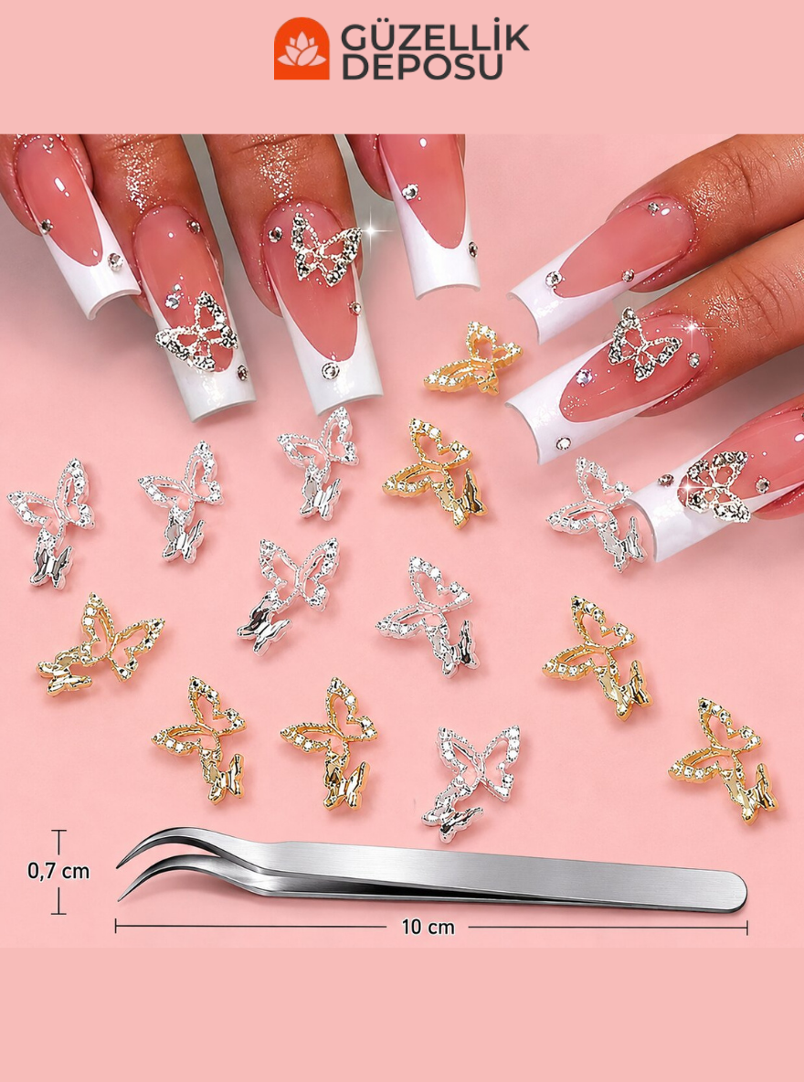 Gold & Silver Taşlı Kelebek Figürlü Protez Tırnak Charm Seti (Cımbız Dahil) - MİS3743