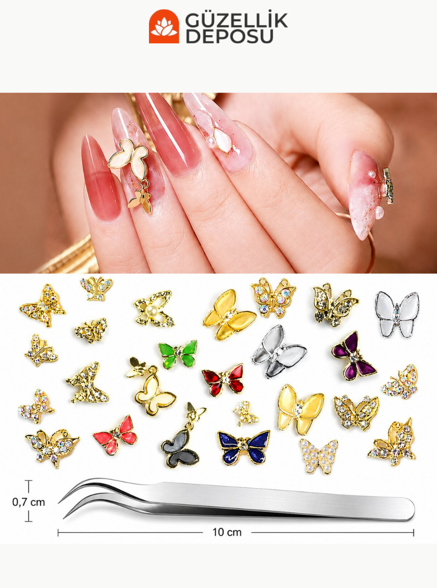Işıltılı Zirkon Taşlı & Mineli Kelebek Tasarımlı Nail Art Charm Seti - MİS3745