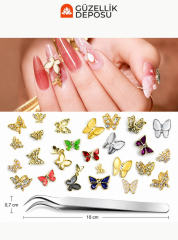 Işıltılı Zirkon Taşlı & Mineli Kelebek Tasarımlı Nail Art Charm Seti - MİS3745