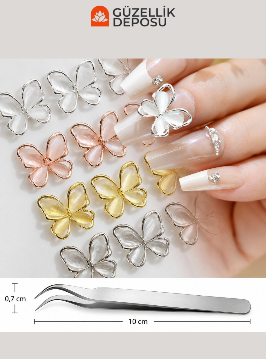 Kedi Gözü Taşlı Metalik Kelebek Tasarımlı Nail Art Charm Seti - MİS3746