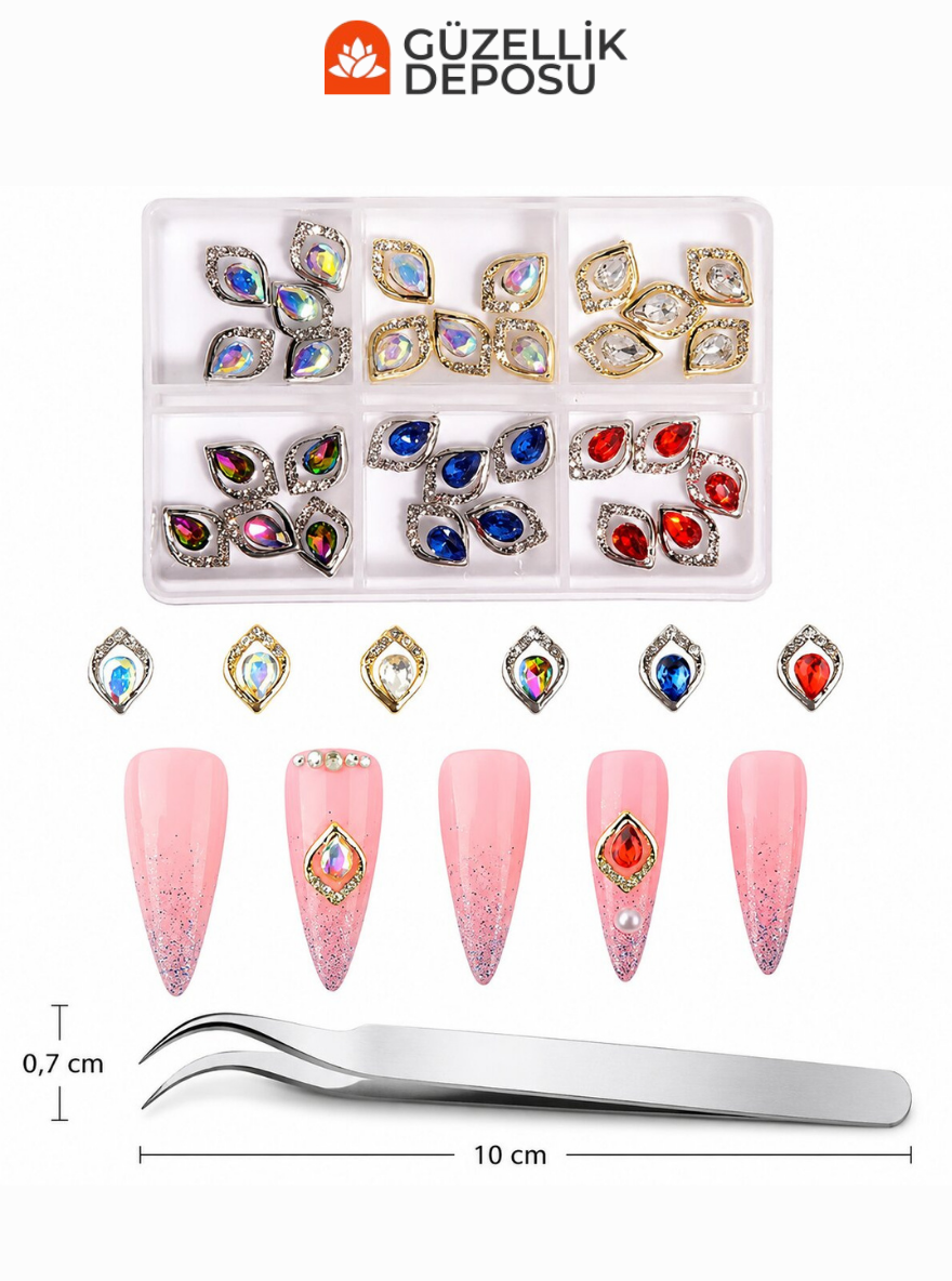 Zirkon Taşlı Metal Çerçeve Mekik Taş Nail Art Charm Seti - MİS3747