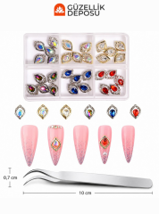 Zirkon Taşlı Metal Çerçeve Mekik Taş Nail Art Charm Seti - MİS3747