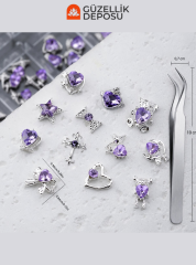 Mor Taşlı Silver Metal Figürlü Protez Tırnak Charm Seti (Cımbız Dahil) - MİS3748