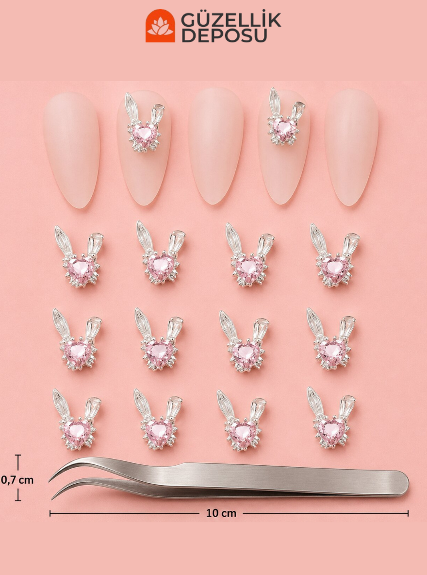 Zirkon Taşlı Tavşan Kulaklı Kalp Tasarımlı Nail Art Charm Seti - MİS3751