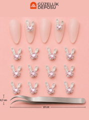 Zirkon Taşlı Tavşan Kulaklı Kalp Tasarımlı Nail Art Charm Seti - MİS3751
