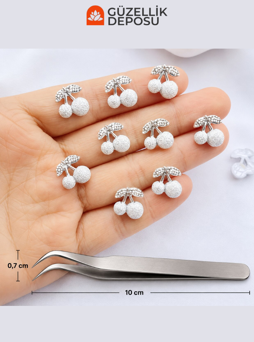 Silver Simli Kiraz Figürlü Protez Tırnak Charm Seti (Cımbız Dahil) - MİS3755