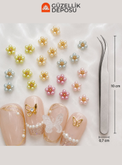Pastel Renkli İnci Çiçek Figürlü Protez Tırnak Charm Seti (Cımbız Dahil) - MİS3759