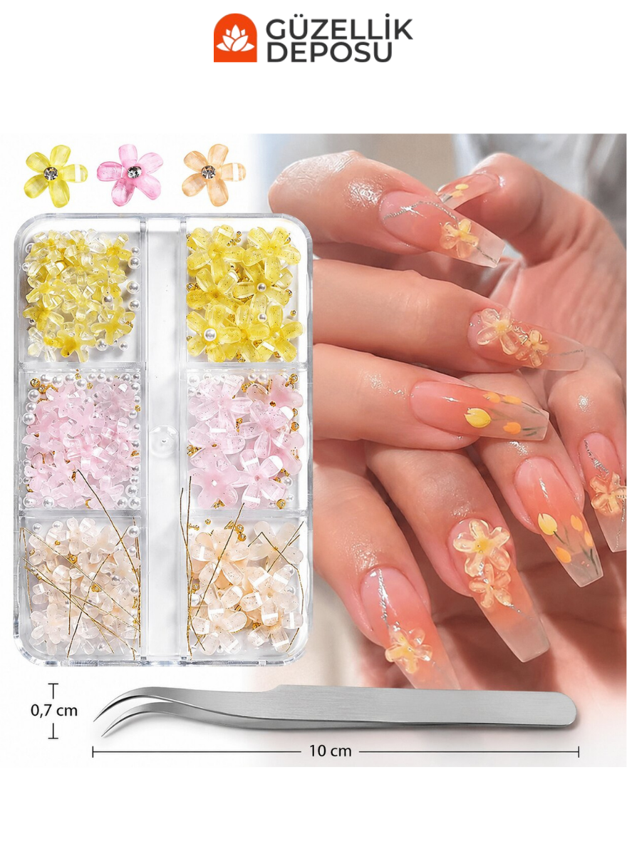 Pastel Renkli Çiçek Figürlü & Boncuklu Kutu Tırnak Charm Seti (Cımbız Dahil) - MİS3768
