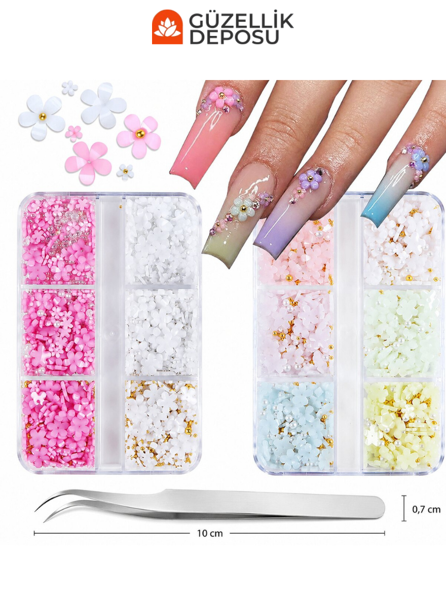Pastel Renkli Çiçek Figürlü & Boncuklu Kutu Tırnak Charm Seti (Cımbız Dahil) - MİS3772