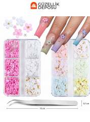 Pastel Renkli Çiçek Figürlü & Boncuklu Kutu Tırnak Charm Seti (Cımbız Dahil) - MİS3772