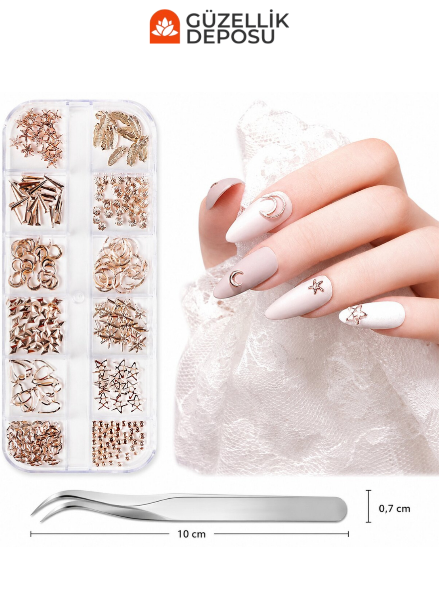 Rose Gold Metalik Ay, Yıldız, Yaprak & Deniz Yıldızı Figürlü Protez Tırnak Charm Seti (Cımbız Dahil) - MİS3777