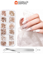 Rose Gold Metalik Ay, Yıldız, Yaprak & Deniz Yıldızı Figürlü Protez Tırnak Charm Seti (Cımbız Dahil) - MİS3777