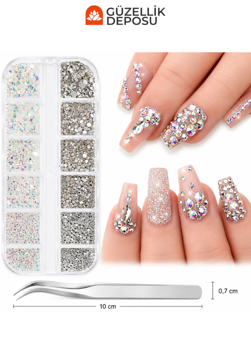 2 Bölmeli Kutulu Farklı Boyutlarda Yansımalı Kristal Zirkon Tırnak Taşı Nail Art Seti - MİS3779