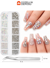 2 Bölmeli Kutulu Farklı Boyutlarda Yansımalı Kristal Zirkon Tırnak Taşı Nail Art Seti - MİS3779