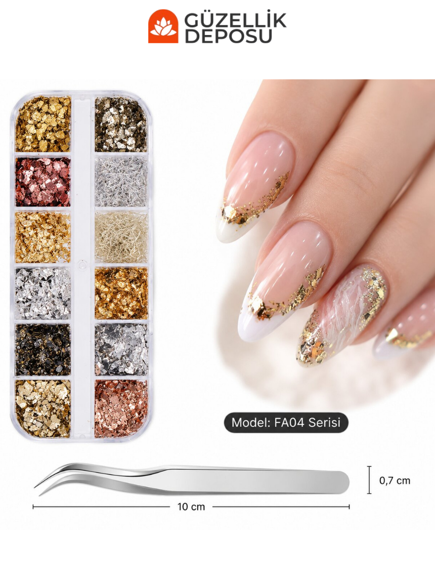 Gold, Gümüş & Bronz Metalik Jelatin Folyo ve İplik Tırnak Süsleme Seti (Cımbız Dahil) - MİS3780
